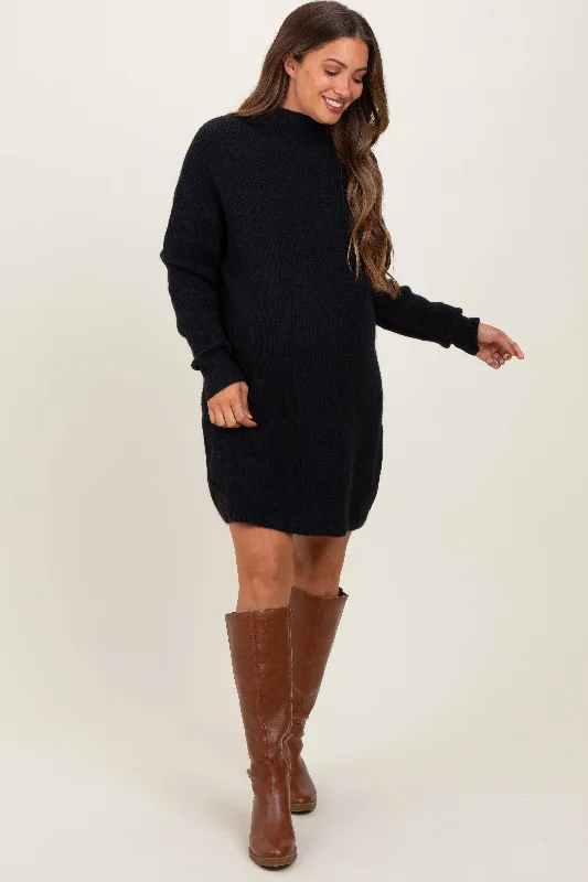 Mini dress with bubble hem-Black Mock Neck Maternity Mini Sweater Dress