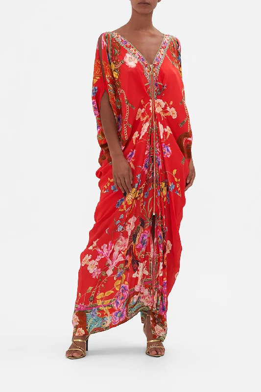 Maxi dress with geometric patterns-LONG DRAPE DRESS WITH ZIP FRONT RUFFLE SOME FEATHERS