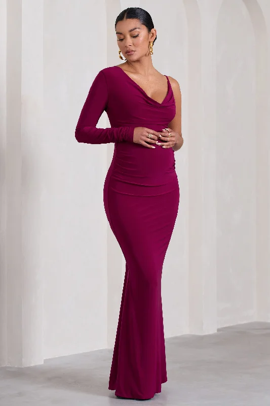 Maxi dress with tulip hem-At Dusk | Dark Cherry Maternity One-Sleeved Cowl-Neck Fishtail Maxi Dress