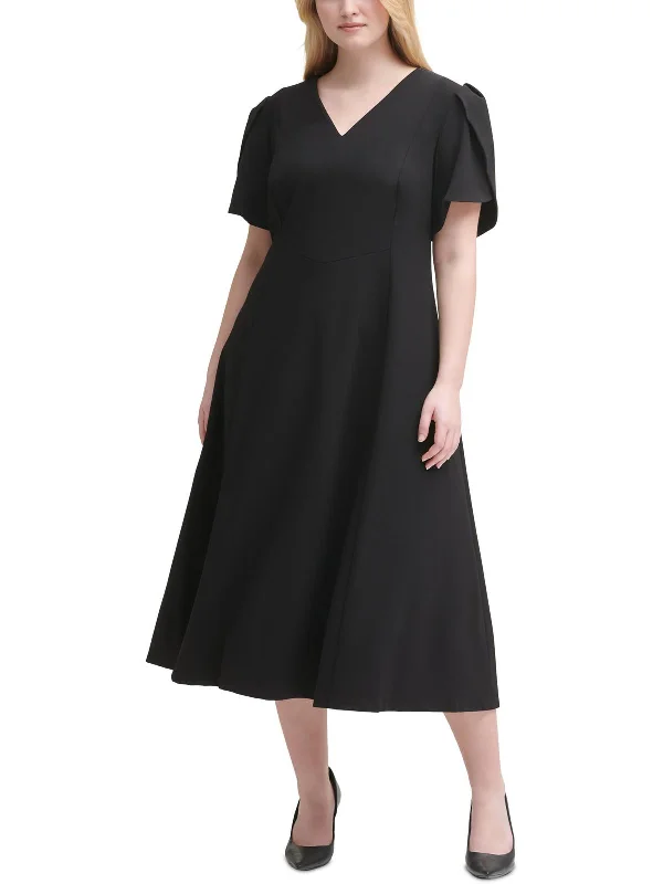 Soft knit midi dress-Plus Womens Crepe V-Neck Midi Dress