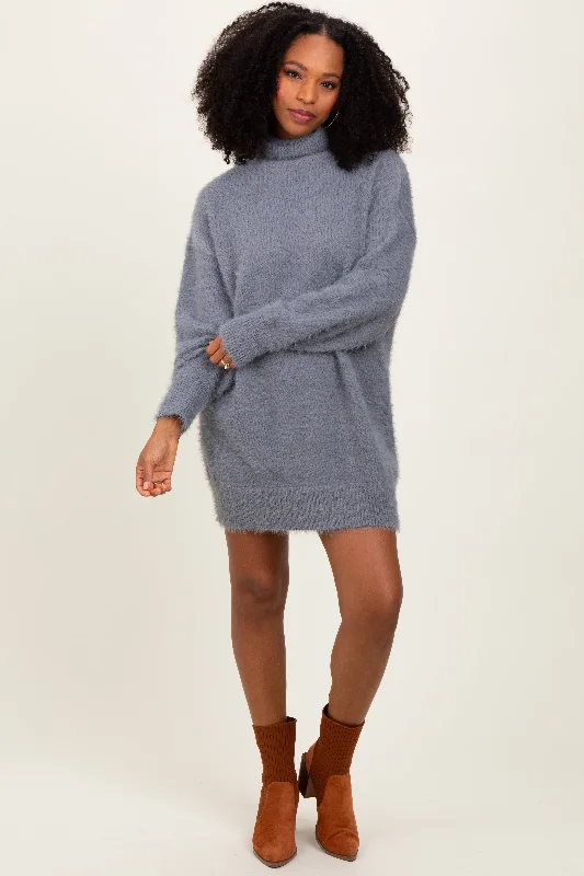 Mini dress with braided straps-Cream Fuzzy Knit Turtleneck Sweater Mini Dress