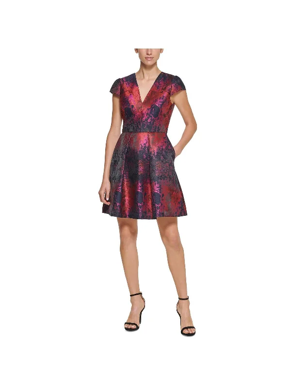 Mini dress with tiered layers-Womens Jacquard V-Neck Fit & Flare Dress