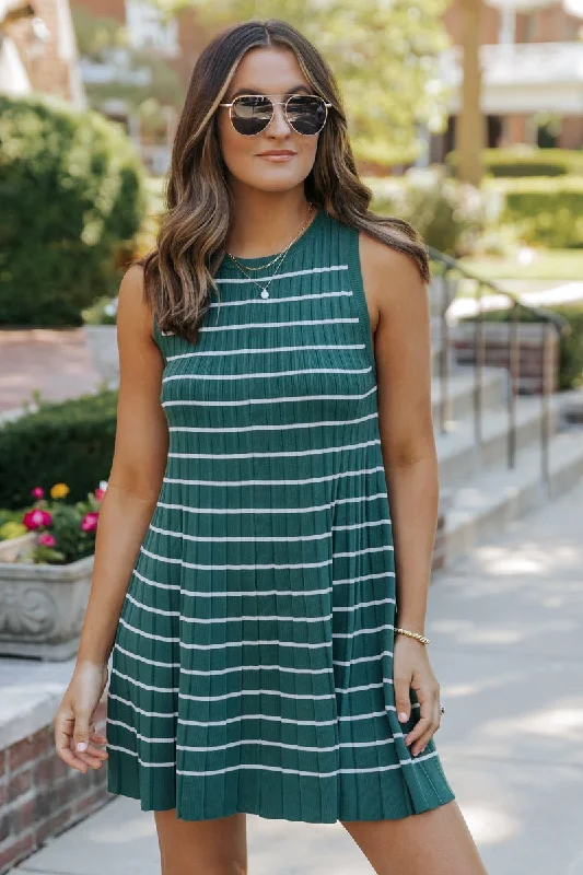 Mini dress with embroidery-Green Stripe Pleated Mini Dress