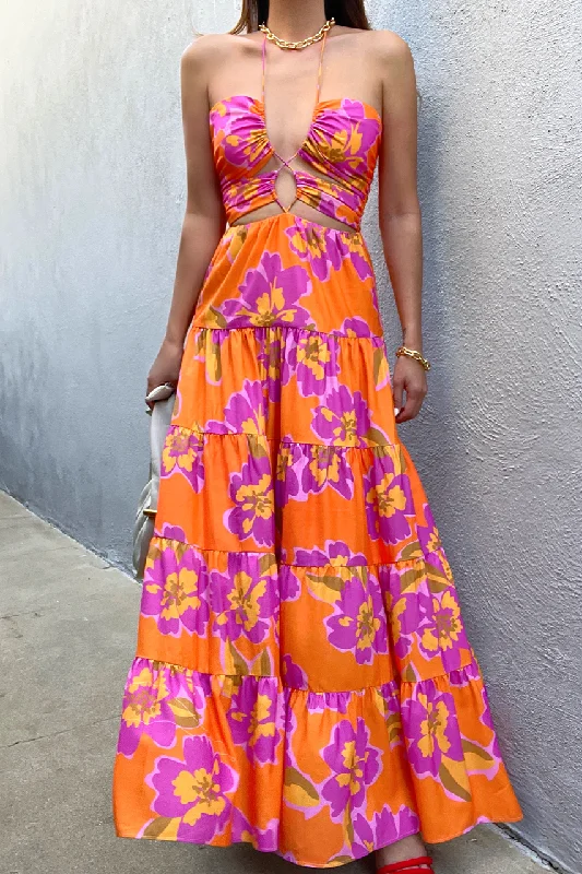 Maxi dress with bell cuffs-Orchids Maxi Dress - Orange Floral