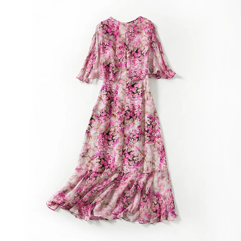 Maxi dress with eyelet fabric-Elegant Long Printed Silk Dress V-neckline Short Sleeves