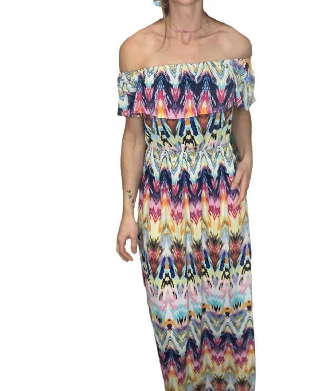 Maxi dress with cape sleeves-Chevron Maxi Dress In Multicolor