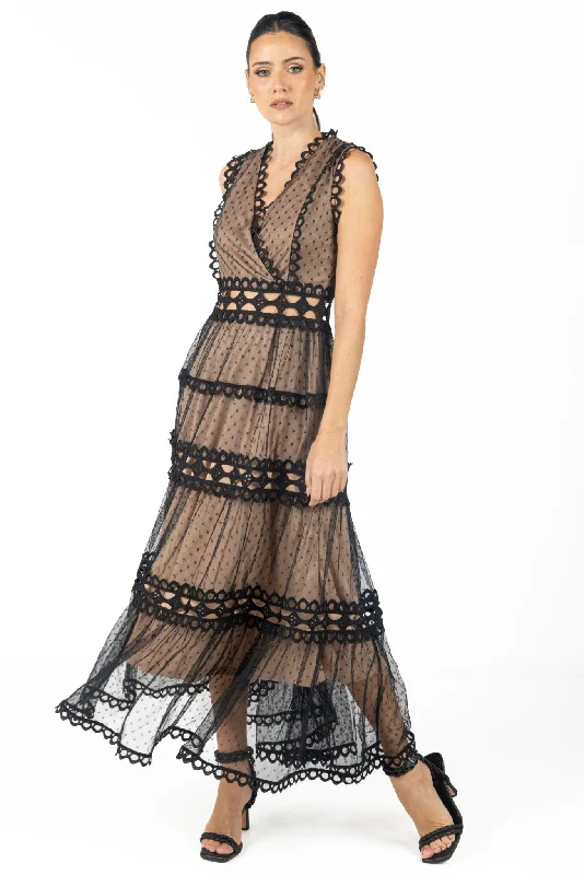 Maxi dress with delicate lace-Serena Black Lace Maxi Dress