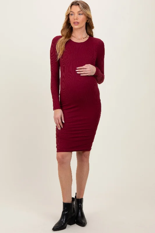 Denim mini dress for chic look-Burgundy Crew Neck Double Layered Rib Maternity Mini Dress