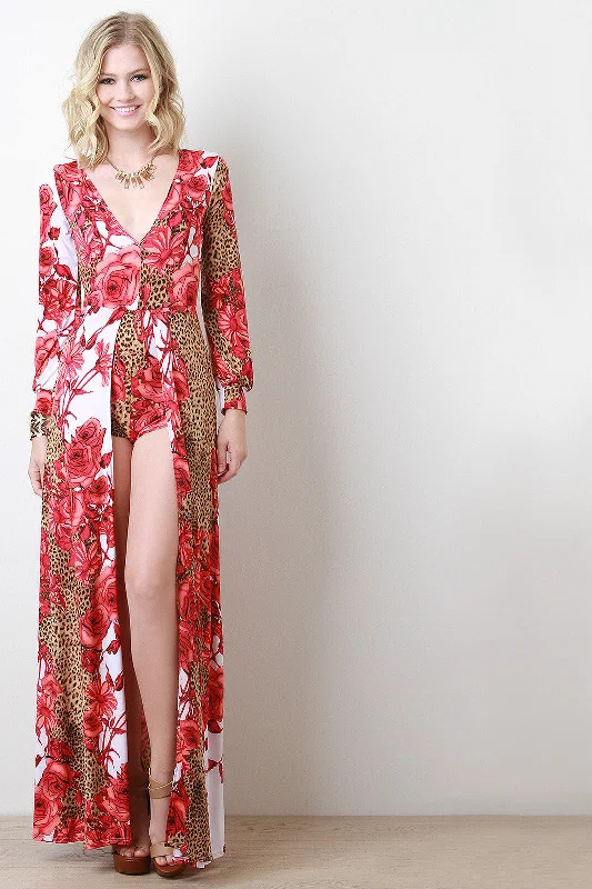 High neckline maxi dress-Leopard Floral Maxi Romper