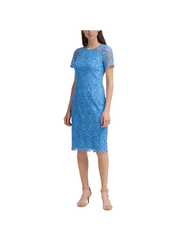 Modern midi dress with structure-Womens Lace Midi Sheath Dress