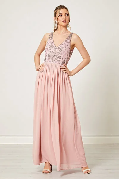 Maxi dress with cape sleeves-Embellished Maxi Pink Dress