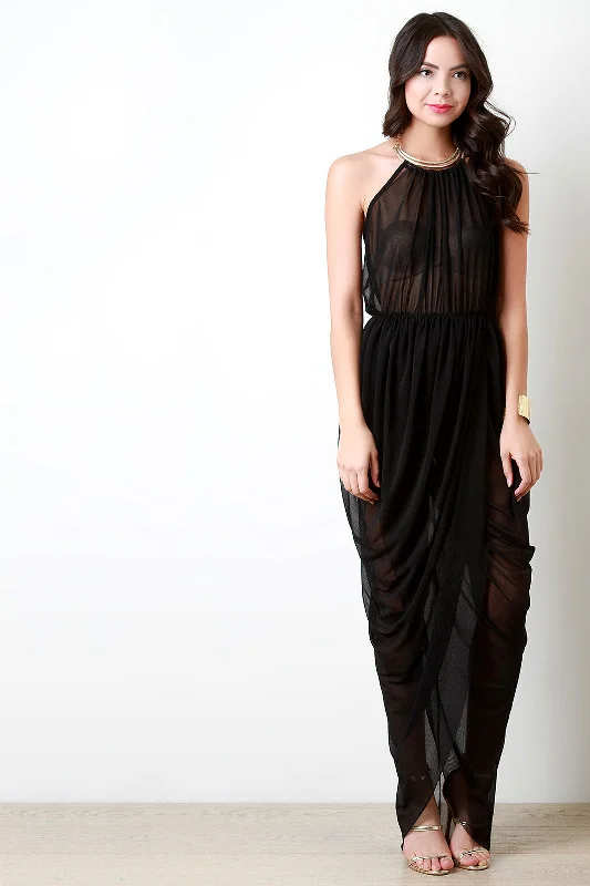 Maxi dress with festive look-Draped Mesh Open Back Necklace Maxi Dress