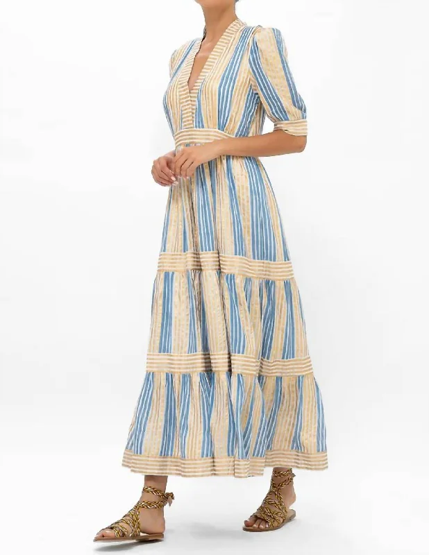 Maxi dress with draped bodice-V-Neck Cuffed Maxi Dress In Blue/gold