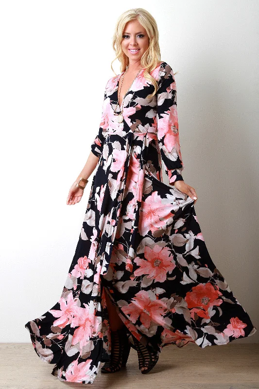 Maxi dress with sporty look-Floral Long Sleeve Maxi Wrap Dress