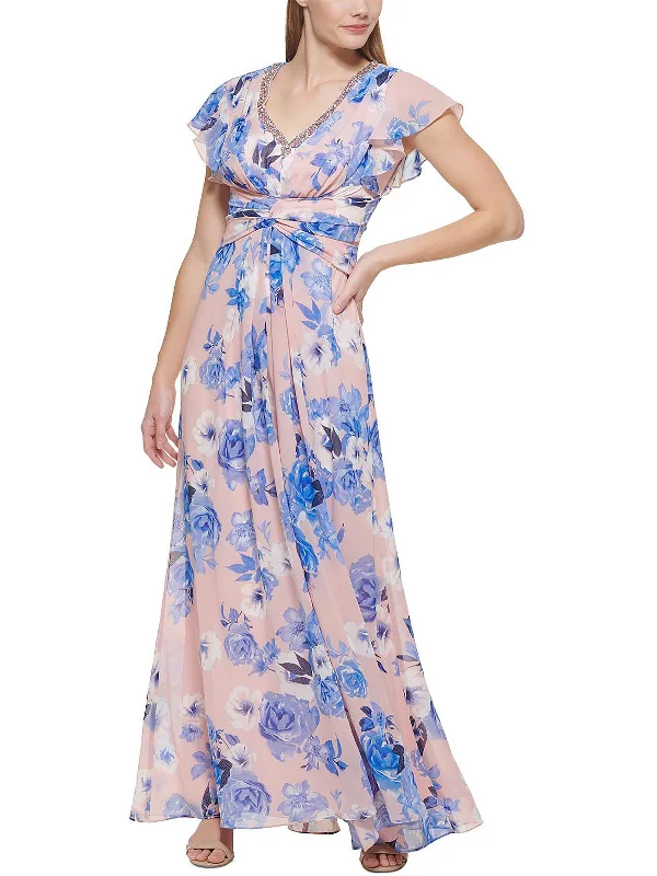 Satin slip maxi dress-Womens Floral Maxi Evening Dress