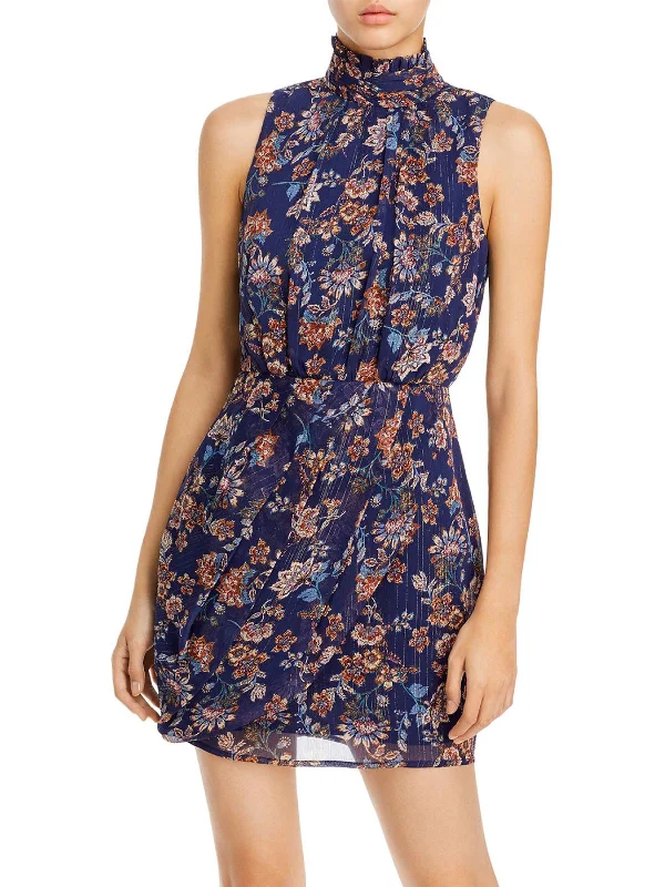 Mini dress with shimmer effect-Womens Floral Turtleneck Mini Dress