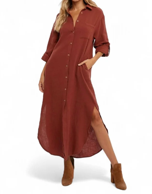 Maxi dress with ruched sides-Sarah Button Up Maxi Shirt Dress With Pocket In Brick