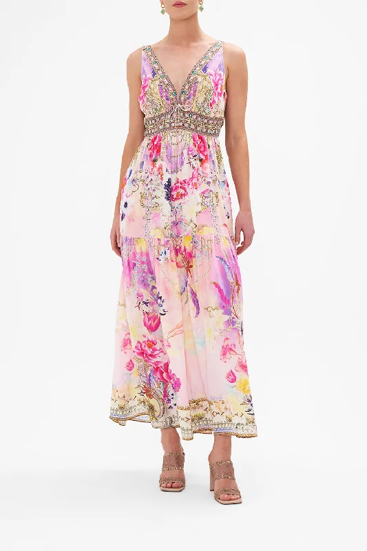 Maxi dress with vibrant colors-SHIRRED WAIST DETAIL LONG DRESS SONIC SYMPHONIES