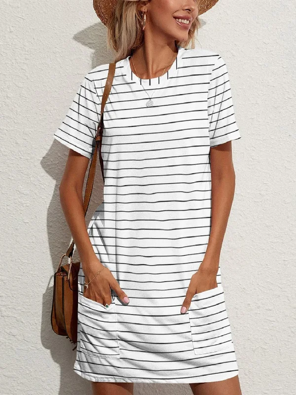 Embroidered mini dress for boho look-Pocketed Striped Round Neck Short Sleeve Dress