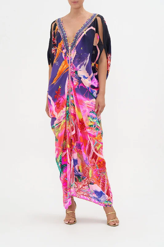 Maxi dress with high-low silhouette-LONG DRAPE DRESS WITH ZIP FRONT FLIGHT OF THE FLAMINGO