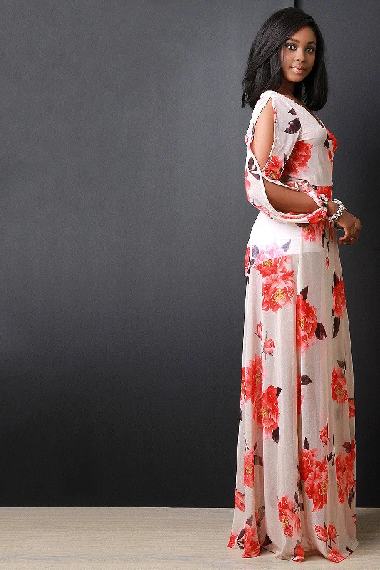 Maxi dress with bold patterns-Floral Printed Mesh Open Longsleeves Maxi Dress