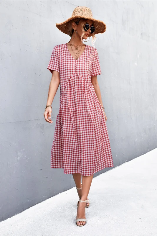 Mini dress with knot front-Plaid V-Neck Short Sleeve Dress