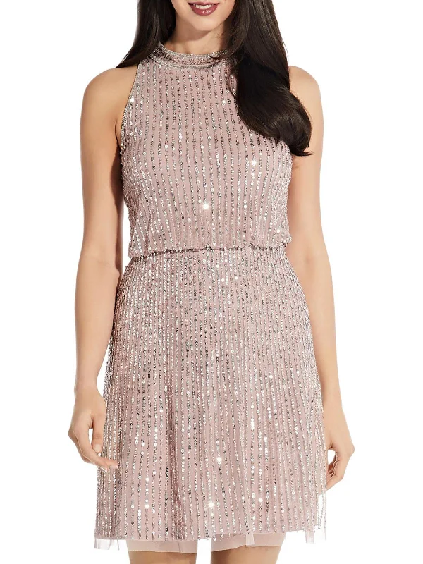 Mini dress with ribbed texture-Womens Sequined Mini Halter Dress