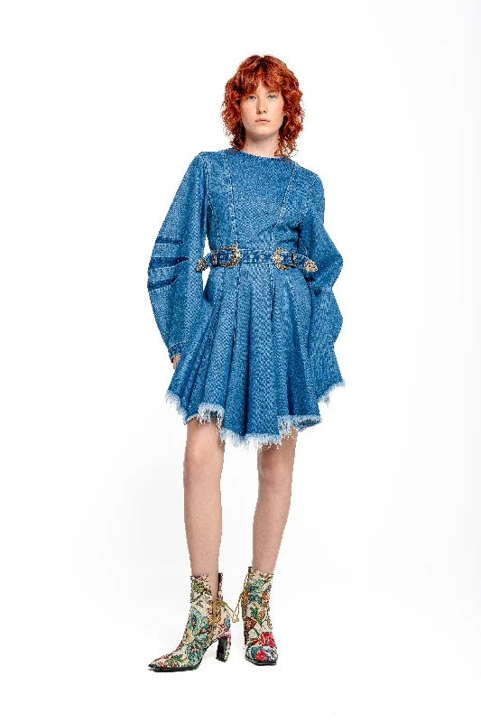 Mini dress with feather trim-DENIM SHORT DRESS WITH ROUND SLEEVES