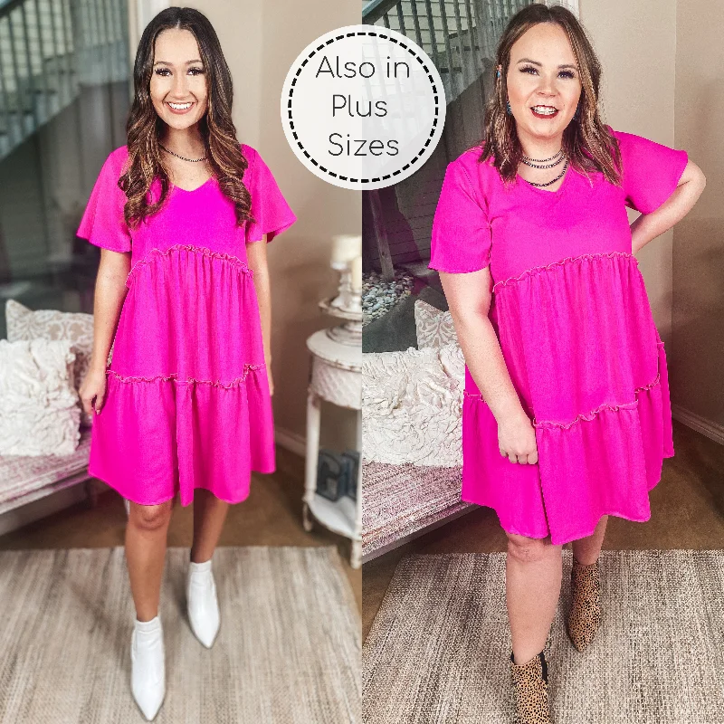 Off-shoulder mini dress with lace-Waiting For Wednesday Short Sleeve Tiered Babydoll Dress in Fuchsia Pink