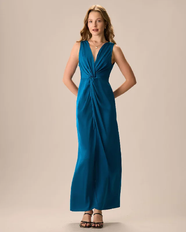 Maxi dress with bow accents-Women's Blue Twist Ruched Slit Satin Maxi Dress