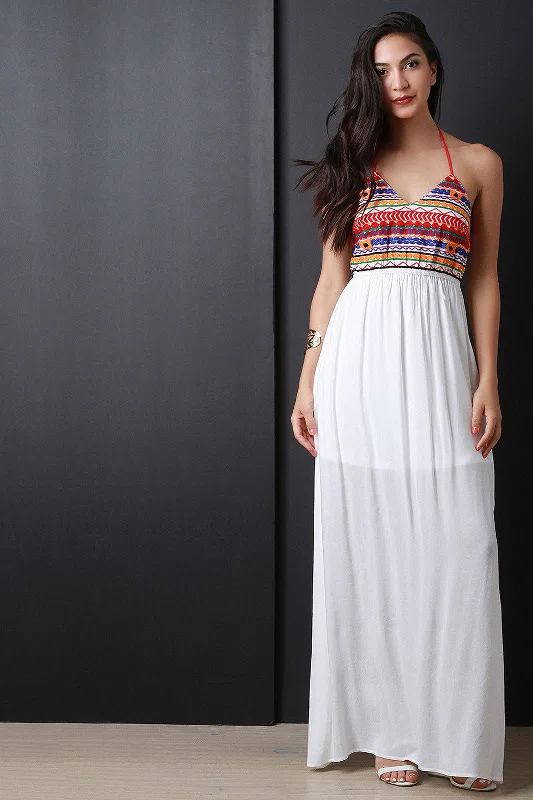 Maxi dress with geometric patterns-Embroidered Halter Top Maxi Dress