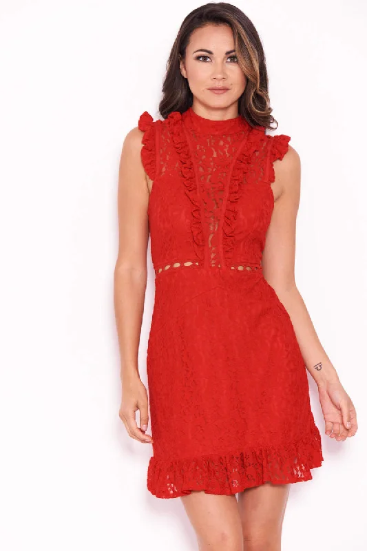 Polka dot mini dress for parties-Red Lace Mini Frill Dress