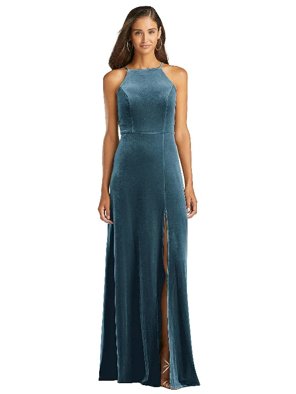 Maxi dress with handkerchief hem-Velvet Halter Maxi Dress with Front Slit - Harper