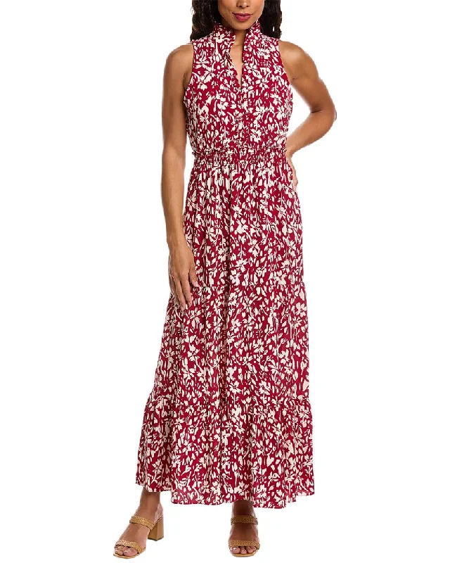 Maxi dress with backless design-London Times Ruffle Neck Peasant Maxi Dress