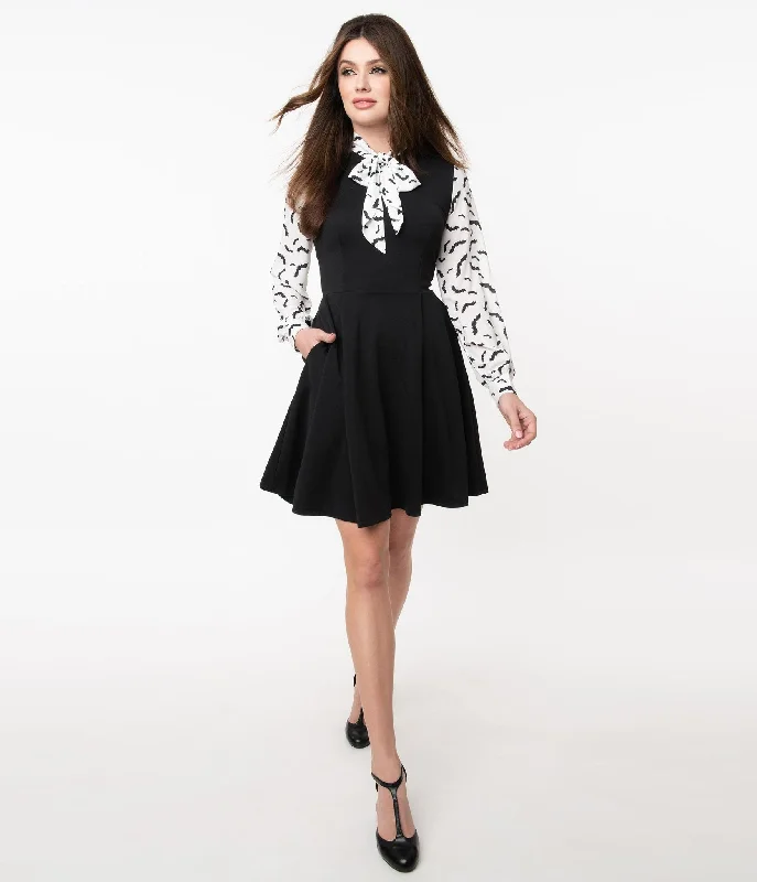 Mini dress with pleated bodice-Smak Parlour Black & Bat Print She.E.O. Fit & Flare Dress