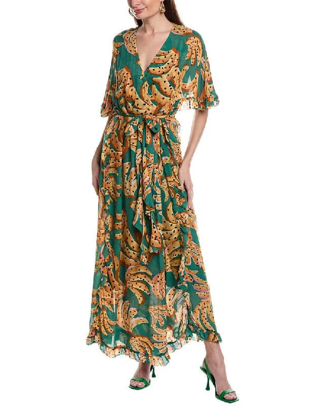 High neckline maxi dress-FARM Rio Green Raining Bananas Maxi Wrap Dress