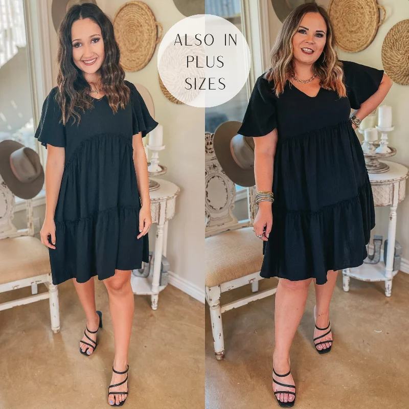 Mini dress with vintage vibes-Waiting on Wednesday Short Sleeve Tiered Babydoll Dress in Black