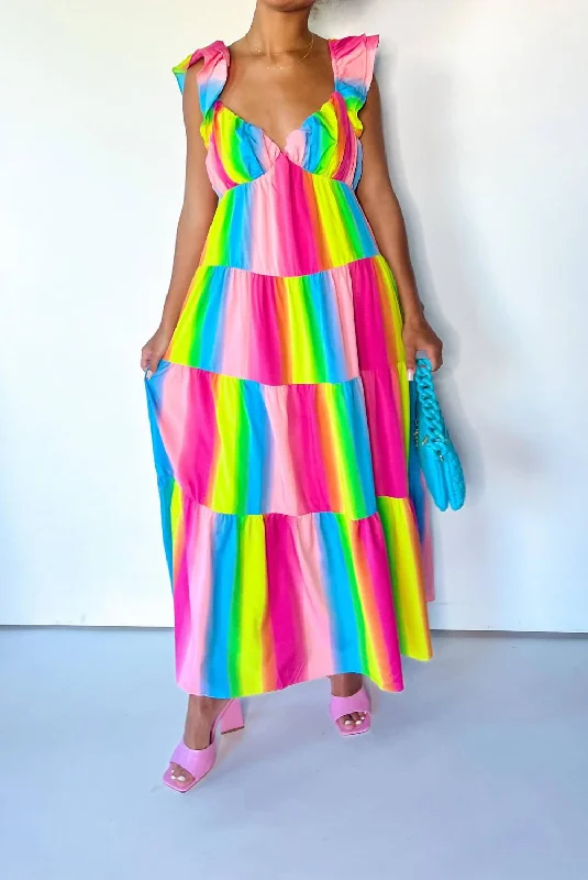 Maxi dress with intricate embroidery-Ombre Maxi Dress In Rainbow