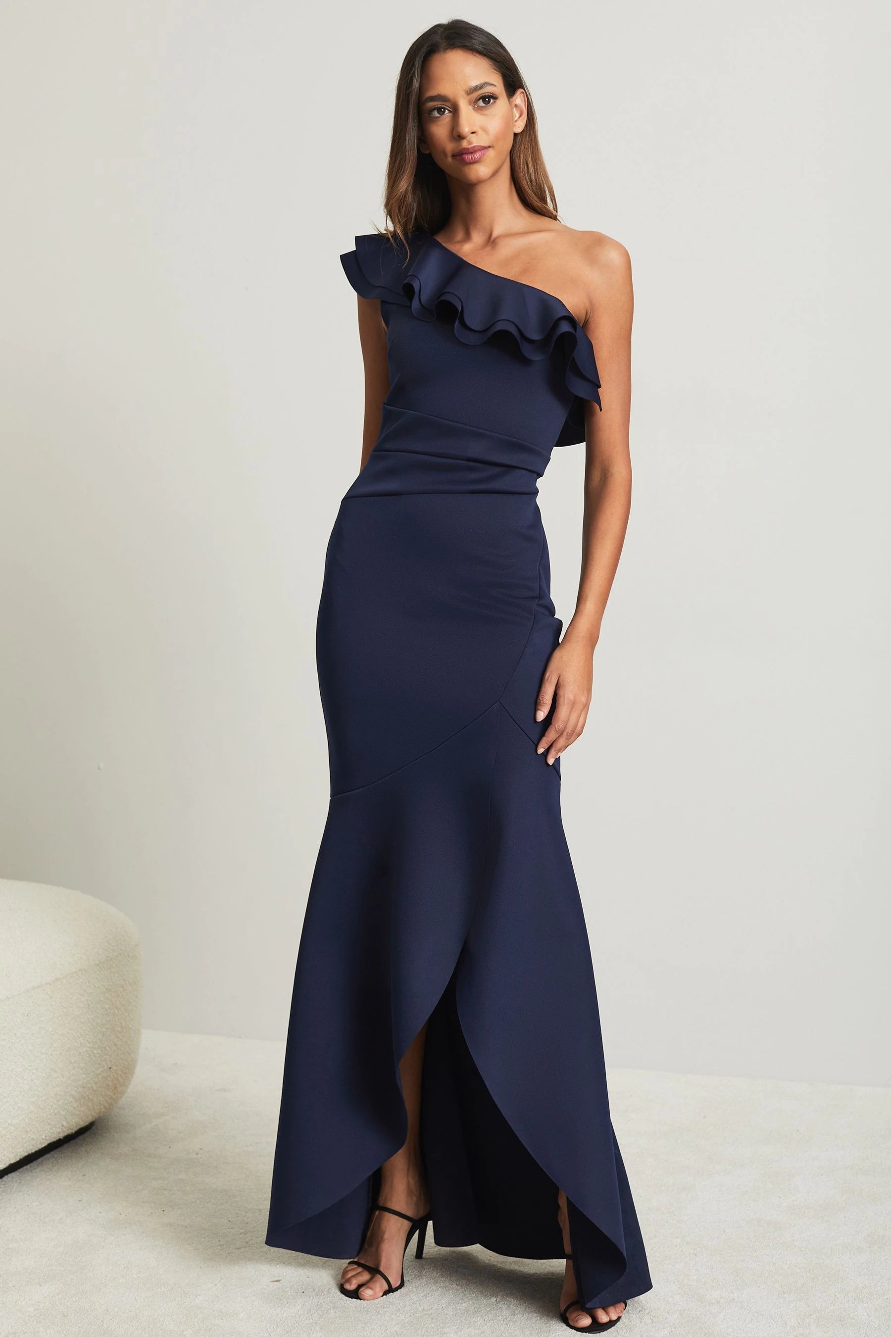 Maxi dress with chiffon fabric-Ruffle One Shoulder Maxi Navy