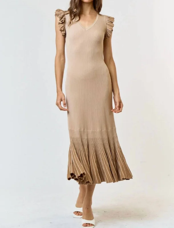 Maxi dress with draped bodice-Ruffle Sleeve Pleated Mermaid Sweater Maxi Dress In Tan