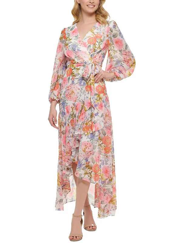 Maxi dress with side slit-Womens Floral Print Maxi Wrap Dress