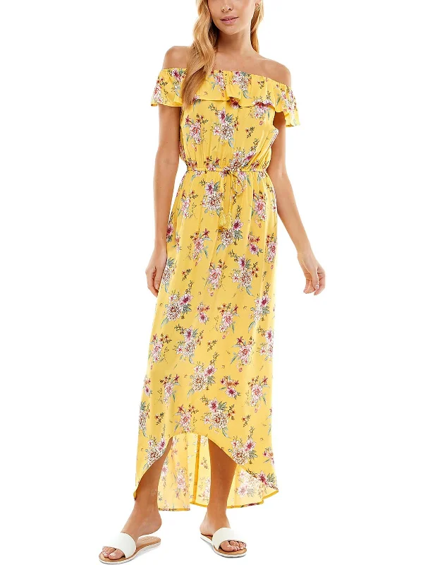 Maxi dress with intricate embroidery-Juniors Womens Floral Hi-Low Maxi Dress