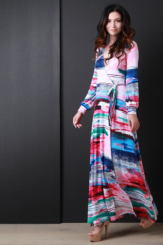 Maxi dress with backless design-Long Sleeve Printed Wrap Maxi Dress