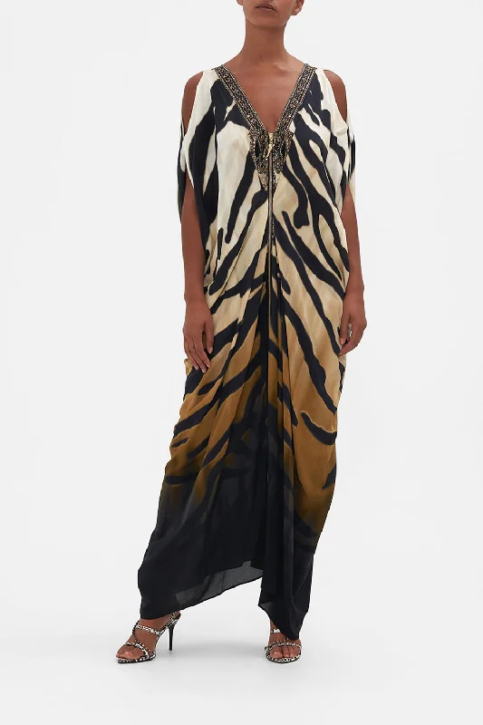 Maxi dress with floral print-LONG DRAPE DRESS WITH ZIP FRONT TAME MY TIGER