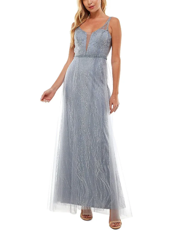 Maxi dress with ruffled neckline-Juniors Womens Embellished Maxi Evening Dress