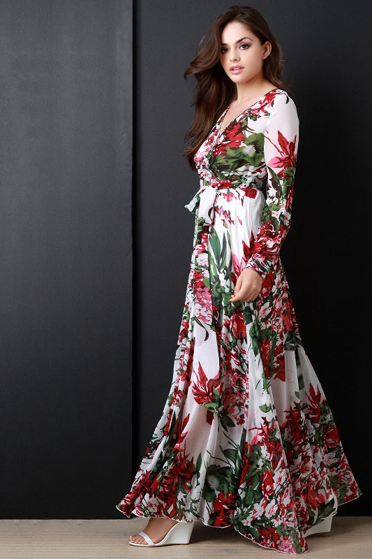 Maxi dress with bishop sleeves-Floral Printed Chiffon Surplice Maxi Dress