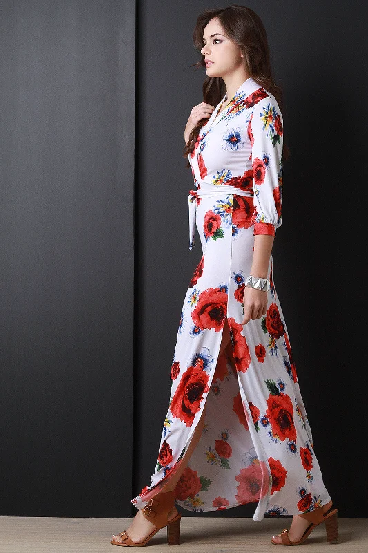 Maxi dress with abstract print-Floral Print Surplice Side Slit Maxi Dress