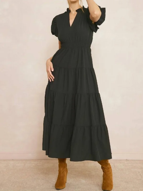 Maxi dress with statement sleeves-V-Neck Maxi Dress In Black