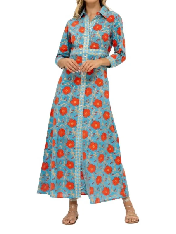 Maxi dress with denim fabric-Collared Shirt Maxi Dress In Poppy Red