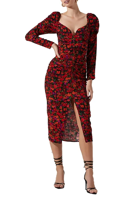 Midi dress with puff sleeves-Jamila Floral Sweetheart Neck Midi Dress in Red Orange Multi